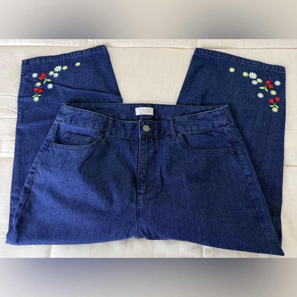 Christopher & Banks denim Cottagecore cherry Daisy floral garden crop pants 12 - Picture 7 of 11